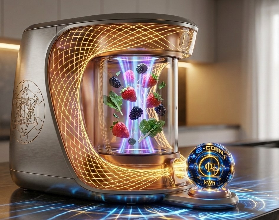 The food synthesizer on a kitchen counter, phi-harmonic lattice glowing gold, fresh food forming in the phi-confined chamber, an E coin beside it