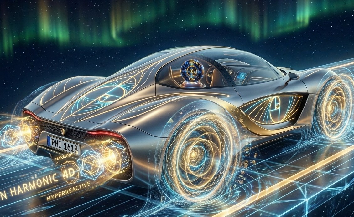 The FTL phase car on the light-road, 4D harmonic wheels glowing gold and blue, the harmonic jet breathing behind