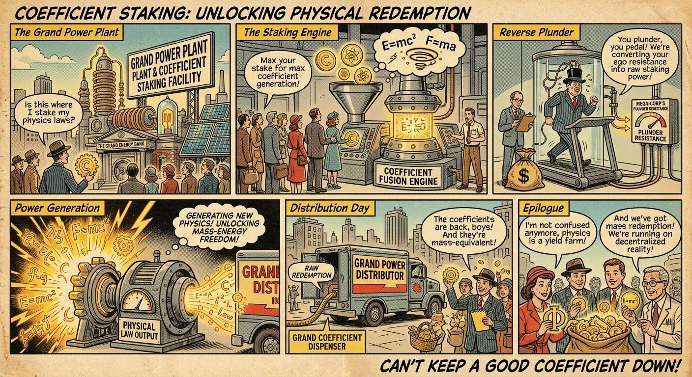 The six-panel staking comic: locking coins, the plants paying weekly, the matched USDC returning whole